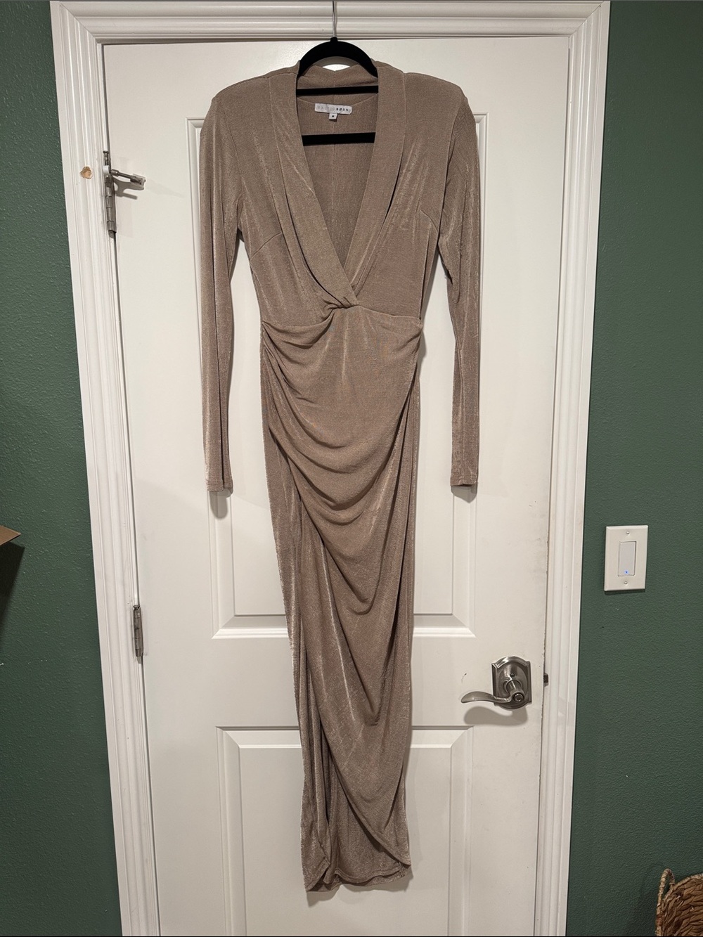 Baltic Born Metallic Taupe Long-Sleeve Twist-Front Maxi Dress